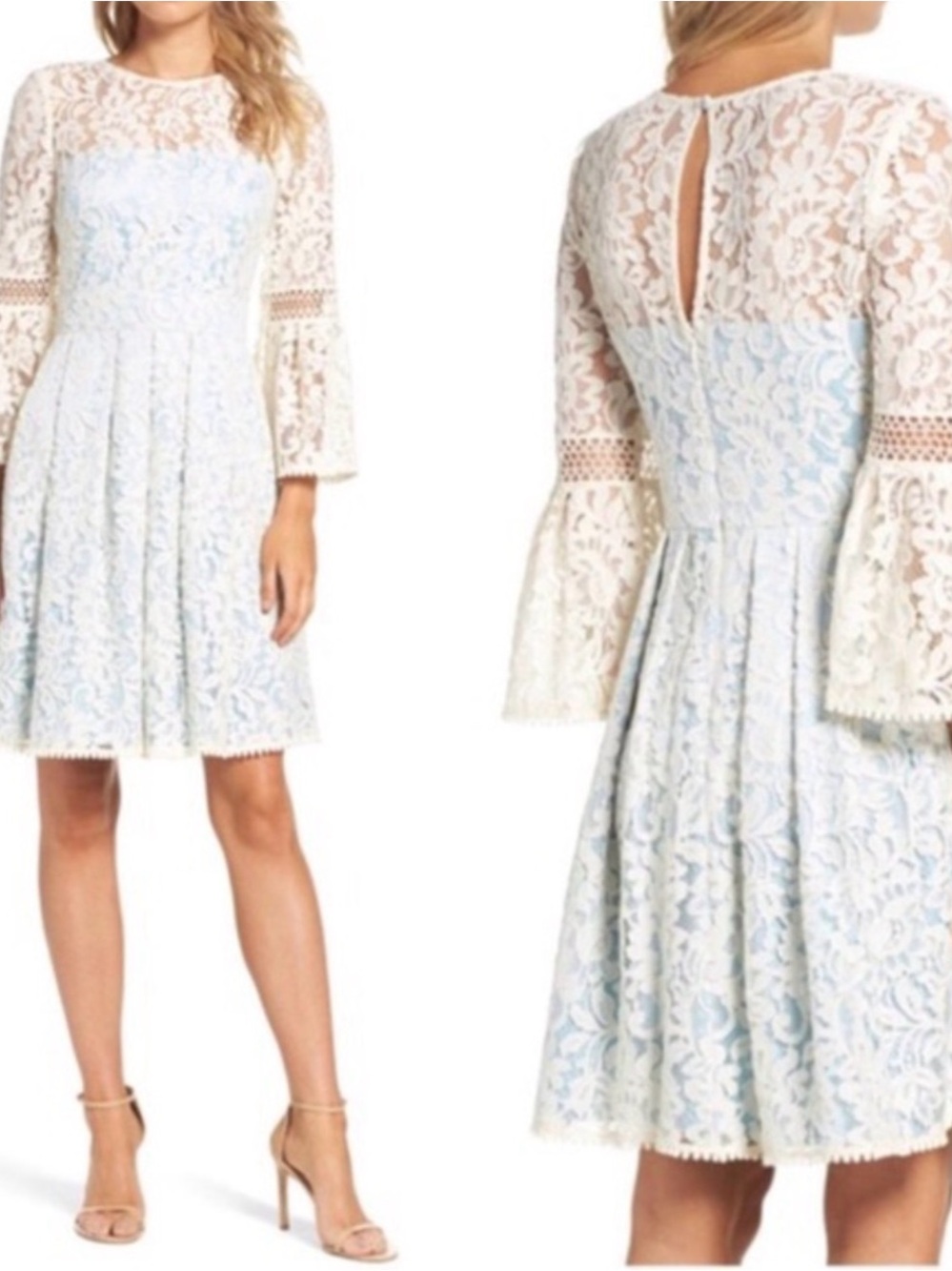 Eliza J White Lace Midi Dress with Light Blue Underlay